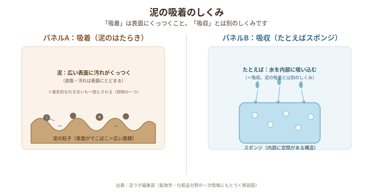 泥の吸着と吸収の違いを示す模式図。泥は粒子の表面に汚れがくっつく吸着、スポンジは内部に水を吸い込む吸収という別のしくみであることを対比して説明する図